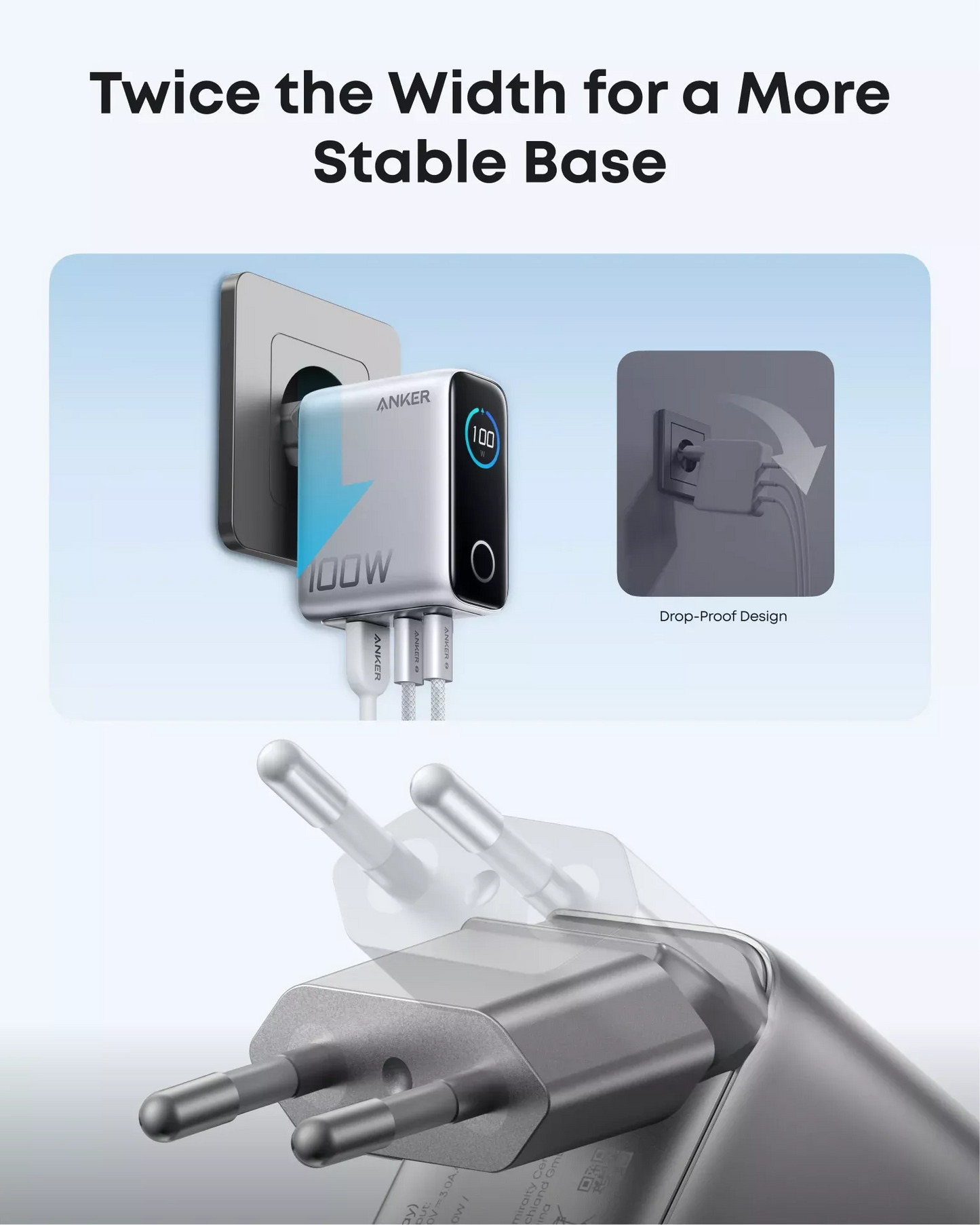 Punjač mreže s USB-C kabelom Anker Smart Display, 100W, 5A, 1 x USB-A - 2 x USB-C, Srebrni B121BG41