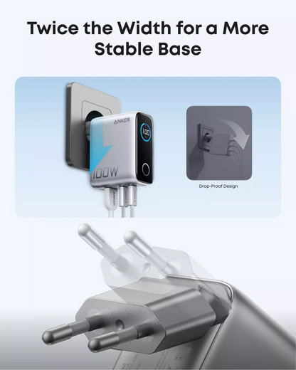 Punjač mreže s USB-C kabelom Anker Smart Display, 100W, 5A, 1 x USB-A - 2 x USB-C, Srebrni B121BG41