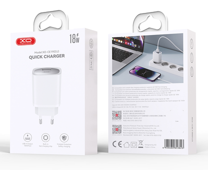 Mrežni punjač s USB-C kabelom XO Design CE19, 18W, 3A, 1 x USB-A, Bijeli