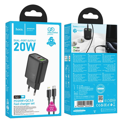 Mrežni punjač s Lightning kabelom HOCO N61, 20W, 3A, 1 x USB-A - 1 x USB-C, Crni