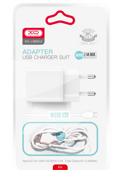 Punjač za mrežu s microUSB kabelom XO Design L99, 12W, 2.4A, 1 x USB-A, Bijeli