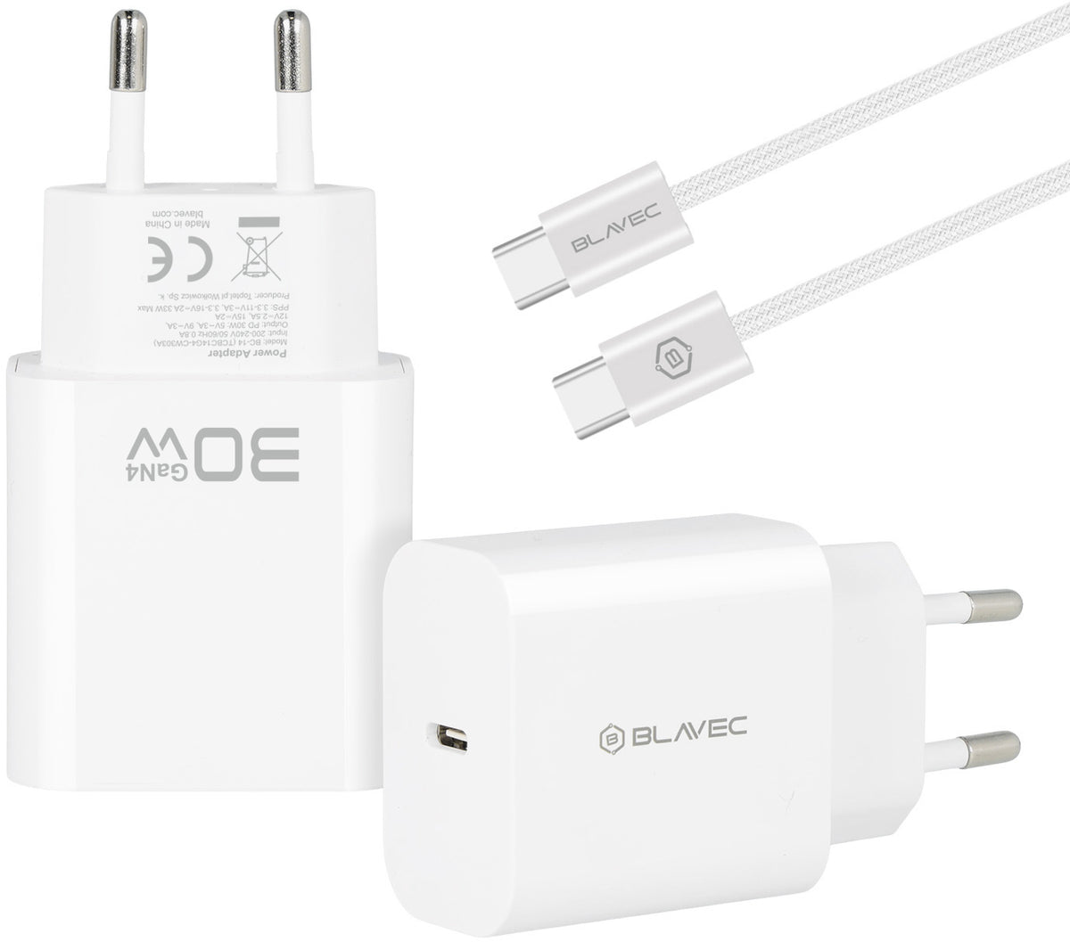 Mrežni punjač s USB-C kabelom Blavec BC-14, 30 W, 3 A, 1 × USB-C, bijeli