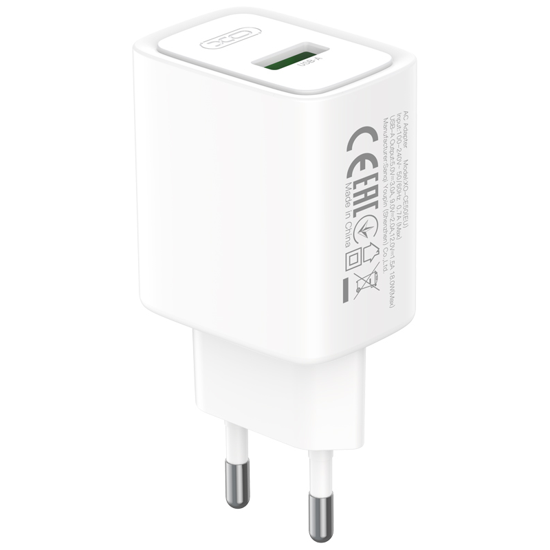 Mrežni punjač s USB-C kabelom XO Design CE50, 18 W, 3 A, 1 x USB-A, bijeli