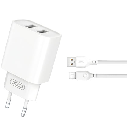Punjač za mrežu s mikroUSB kabelom XO Design CE02C, 10.5W, 2.1A, 2 x USB-A, Bijeli