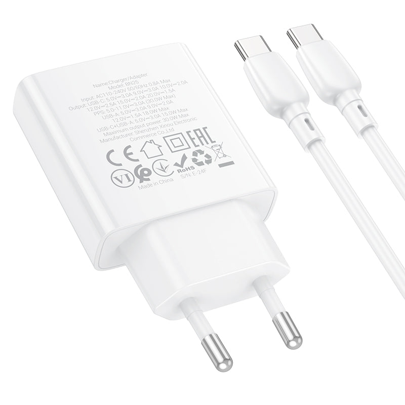 Mrežni punjač s USB-C kabelom Borofone BN25 Wish, 30W, 3A, 1 x USB-A - 1 x USB-C, bijeli