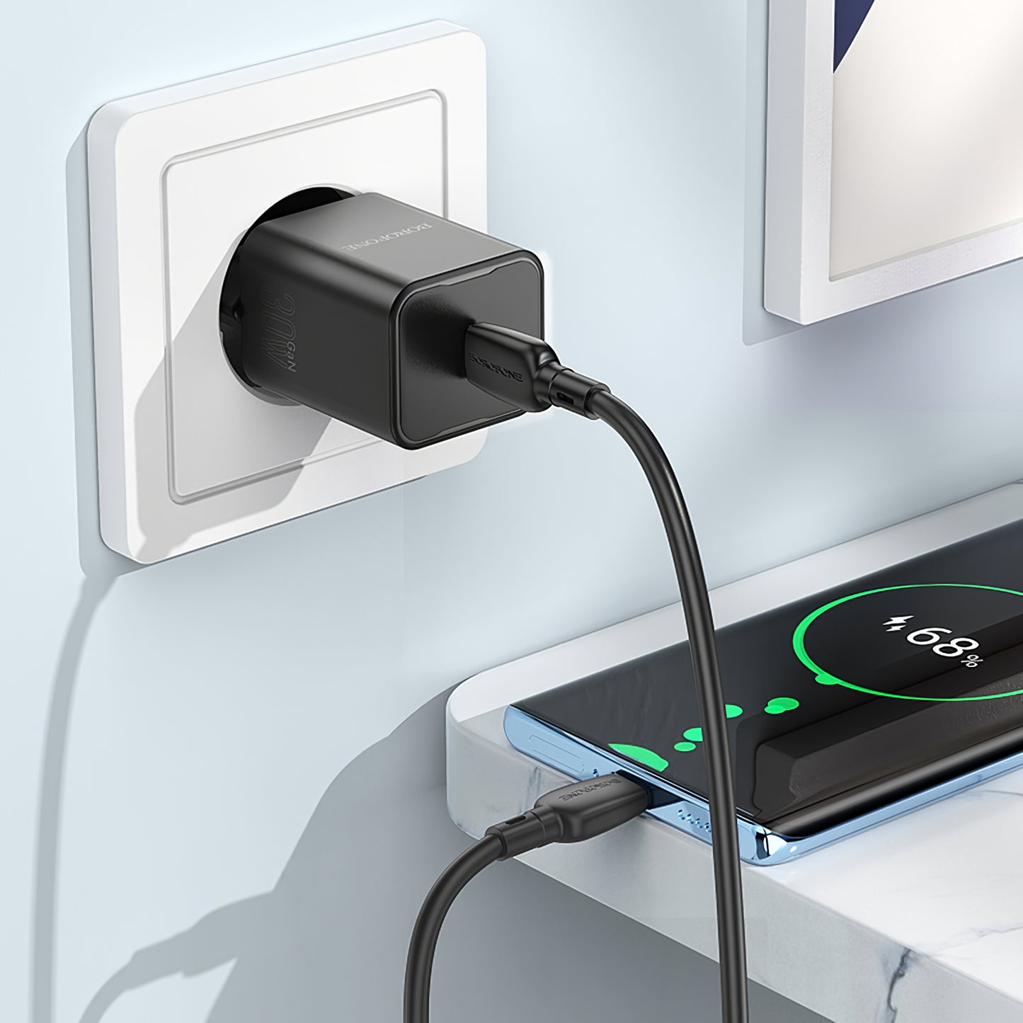Punjač za mrežu s USB-C kabelom Borofone BN13 Safety, 30W, 3A, 1 x USB-C, crni