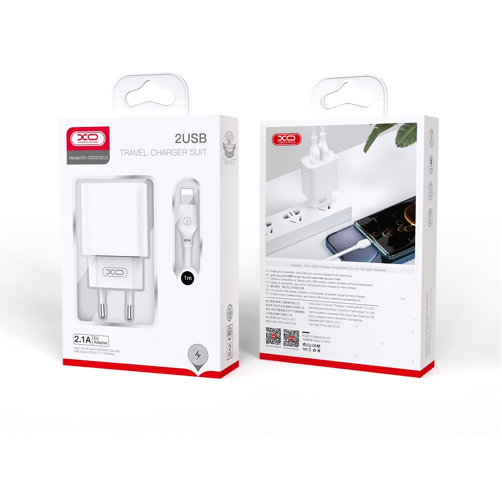 Mrežni punjač s USB-C kabelom XO Design BPCE02C, 10.5W, 2.1A, 2 x USB-A, Bijeli