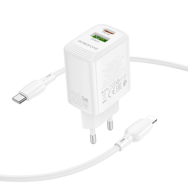 Punjač mreže s Lightning kabelom Borofone BN27 Fuente, 20W, 3A, 1 x USB-A - 1 x USB-C, Bijeli