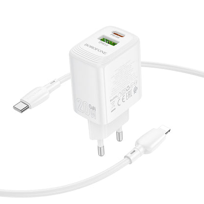 Punjač mreže s Lightning kabelom Borofone BN27 Fuente, 20W, 3A, 1 x USB-A - 1 x USB-C, Bijeli