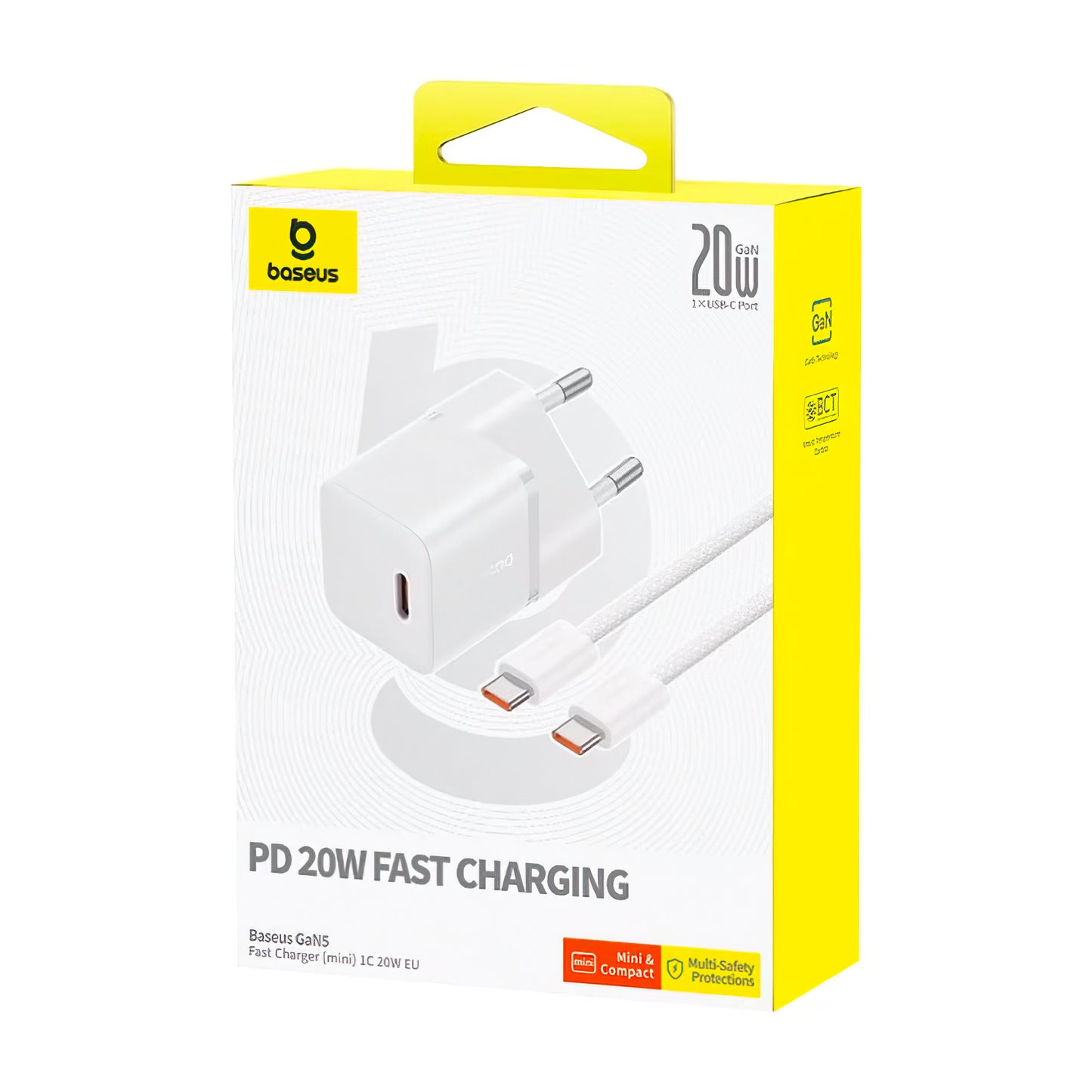 Punjač mreže s USB-C kabelom Baseus GaN5, 20W, 3A, 1 x USB-C, Bijeli P10110900213-01