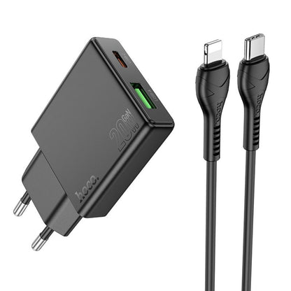 Punjač za mrežu s Lightning kabelom HOCO N38, 20W, 3A, 1 x USB-A - 1 x USB-C, Crni