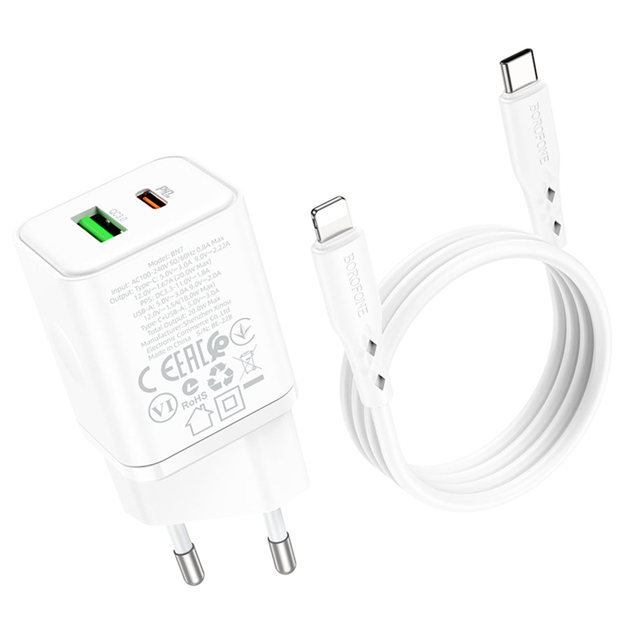Mrežni punjač s Lightning kabelom Borofone BN7, 20W, 3A, 1 x USB-A - 1 x USB-C, Bijeli