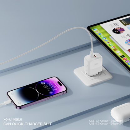 Punjač za mrežu s Lightning kabelom XO Design L140, 35W, 3A, 2 x USB-C, Bijeli