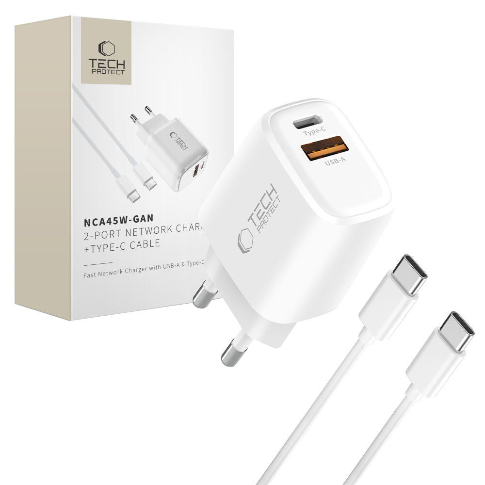 Punjač mreže s USB-C kabelom Tech-Protect NCA45W, 45W, 3A, 1 x USB-A - 1 x USB-C, Bijeli