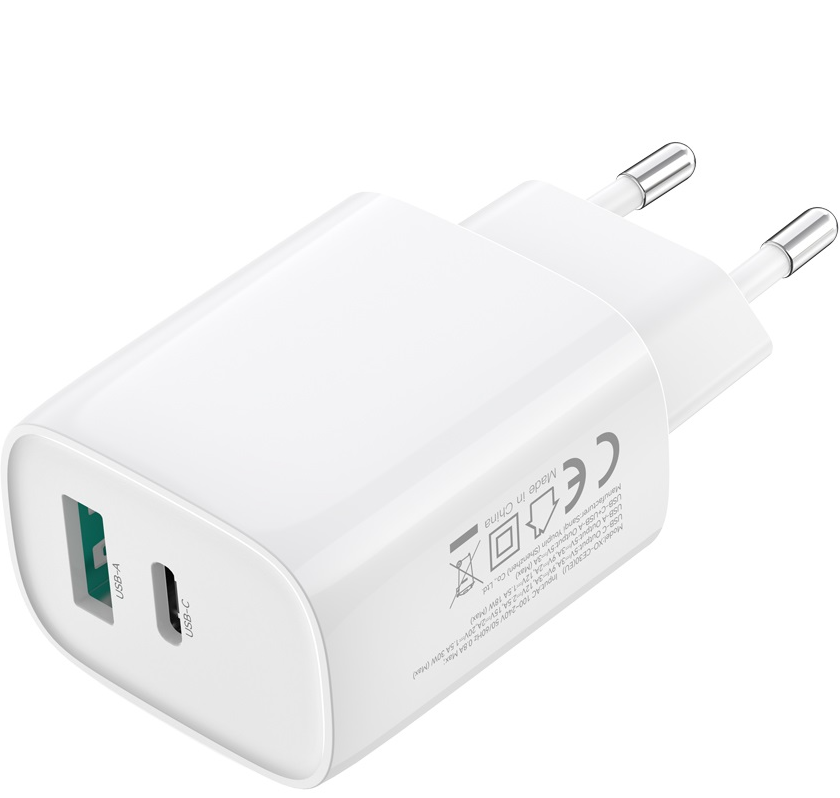 Punjač za mrežu s USB-C kabelom XO Design CE30, 30W, 3A, 1 x USB-A - 1 x USB-C, Bijeli