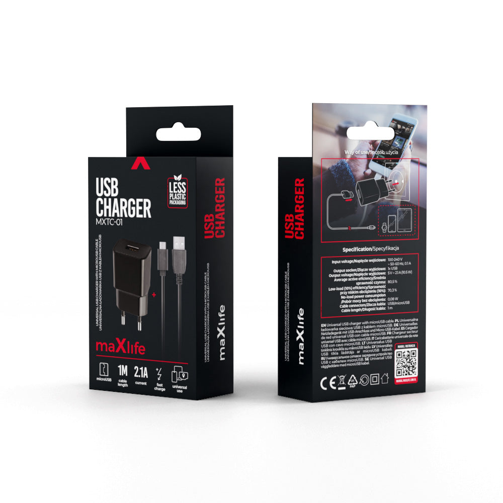 Punjač za mrežu s microUSB kabelom MaXlife MXTC-01, 10.5W, 2.1A, 1 x USB-A, Crni