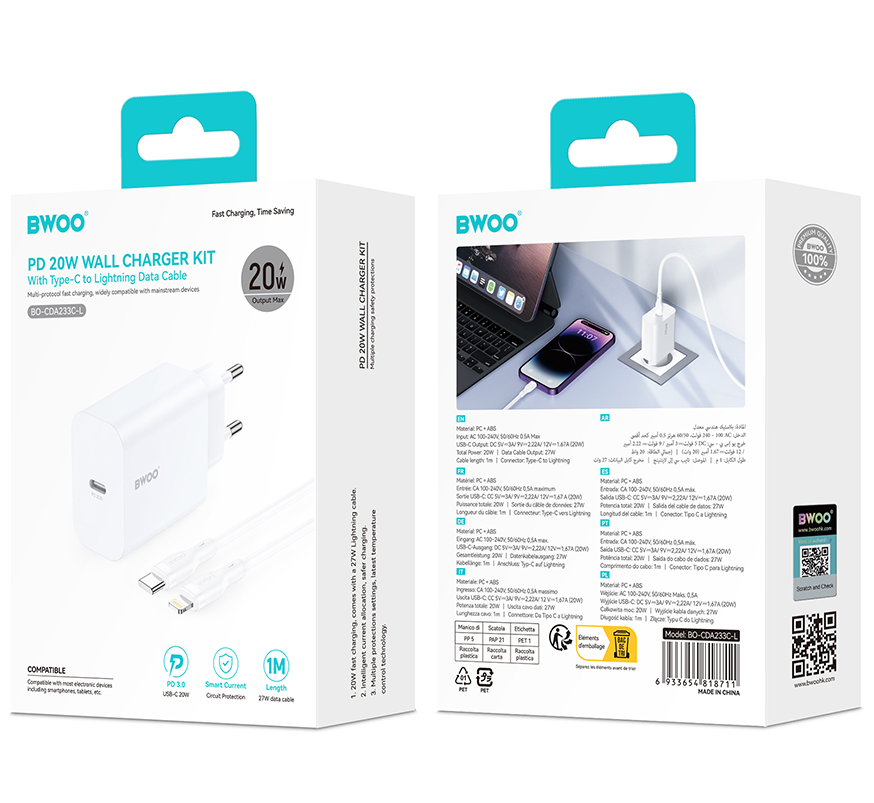 Punjač za mrežu s Lightning kabelom BWOO CDA233, 20W, 3A, 1 x USB-C, Bijeli