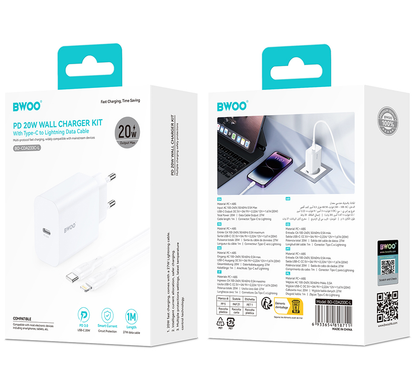 Punjač za mrežu s Lightning kabelom BWOO CDA233, 20W, 3A, 1 x USB-C, Bijeli