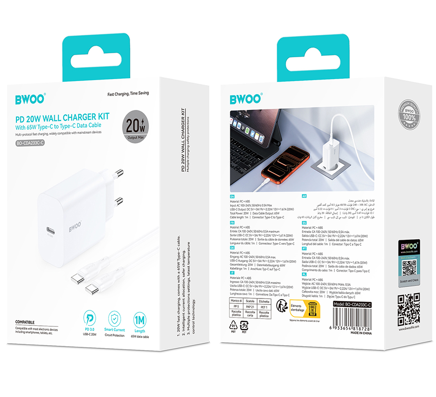 Punjač za mrežu s USB-C kabelom BWOO CDA233, 20W, 3A, 1 x USB-C, Bijeli