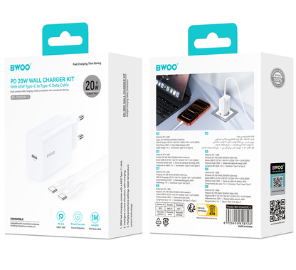 Punjač za mrežu s USB-C kabelom BWOO CDA233, 20W, 3A, 1 x USB-C, Bijeli