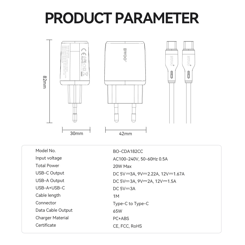 Punjač mreže s USB-C kabelom BWOO CDA182, 38W, 3A, 1 x USB-A - 1 x USB-C, Bijeli