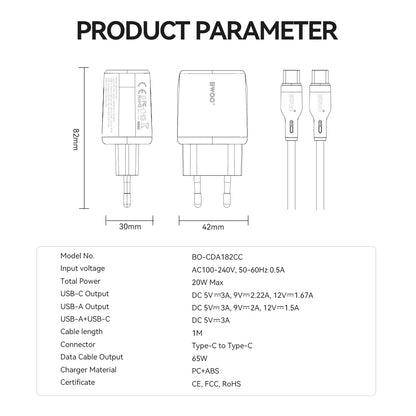 Punjač mreže s USB-C kabelom BWOO CDA182, 38W, 3A, 1 x USB-A - 1 x USB-C, Bijeli