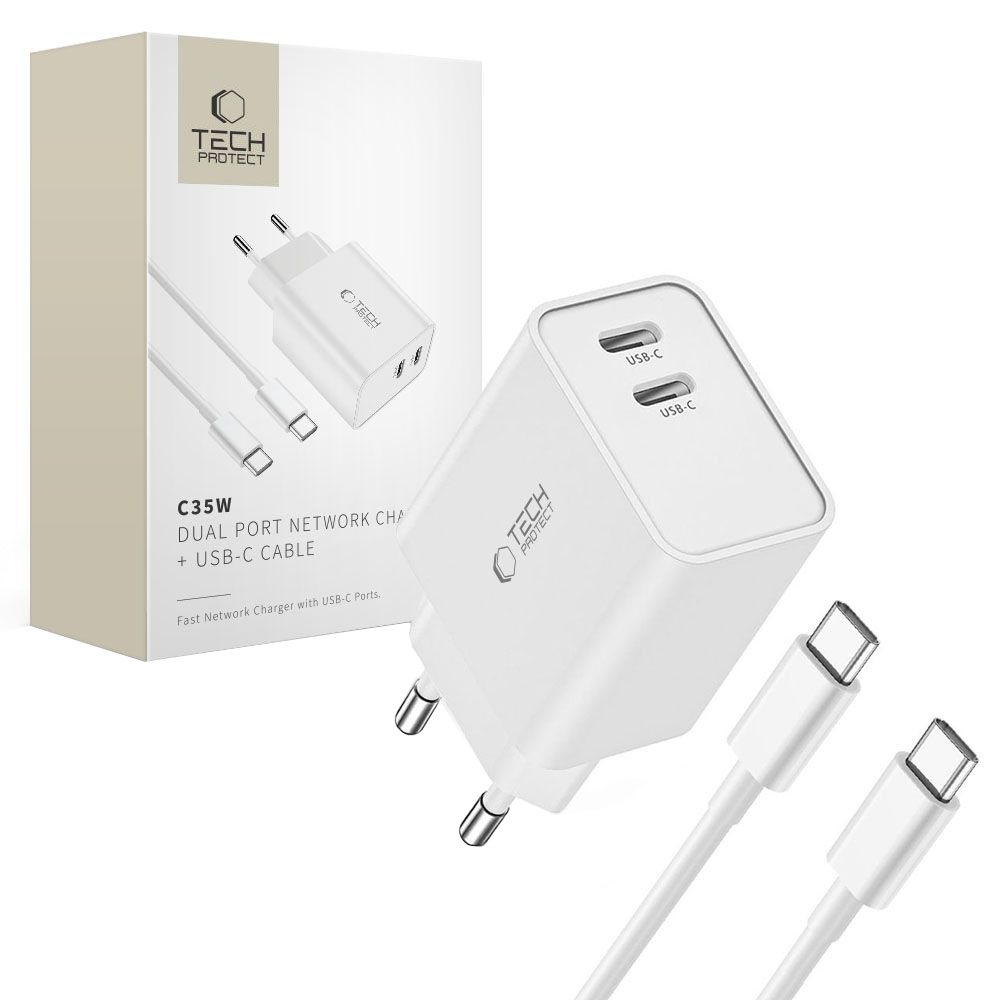 Mrežni punjač s USB-C kabelom Tech-Protect C35W, 35W, 3A, 2 x USB-C, Bijeli