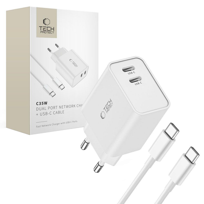 Mrežni punjač s USB-C kabelom Tech-Protect C35W, 35W, 3A, 2 x USB-C, Bijeli