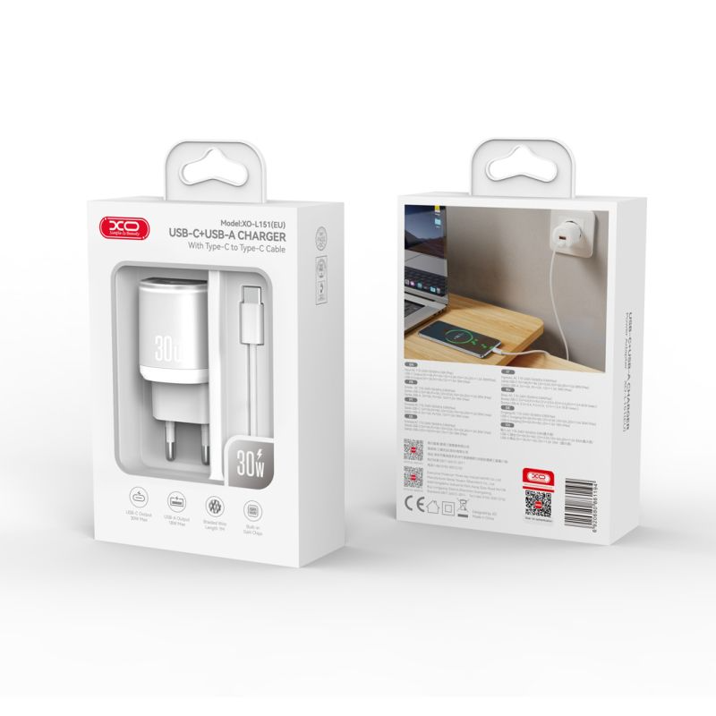 Punjač za mrežu s USB-C kabelom XO Design L151, 30W, 3A, 1 x USB-A - 1 x USB-C, Bijeli