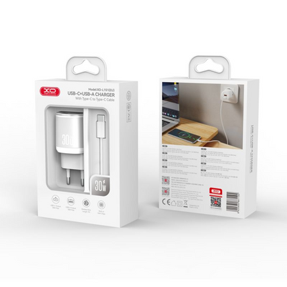 Punjač za mrežu s USB-C kabelom XO Design L151, 30W, 3A, 1 x USB-A - 1 x USB-C, Bijeli