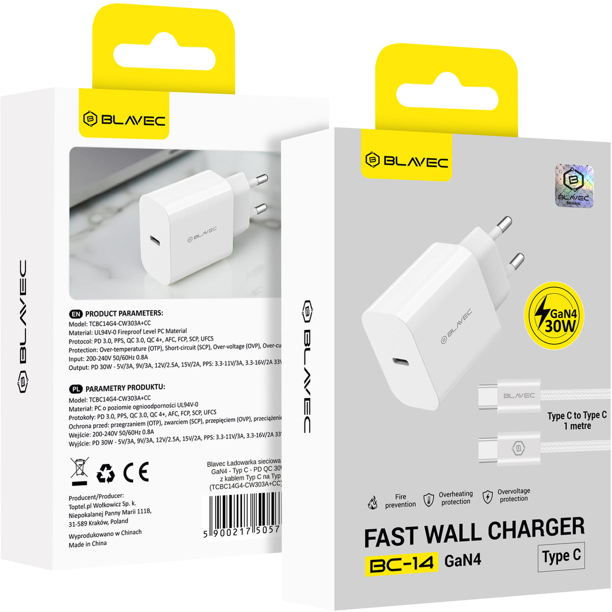 Mrežni punjač s USB-C kabelom Blavec BC-14, 30 W, 3 A, 1 × USB-C, bijeli