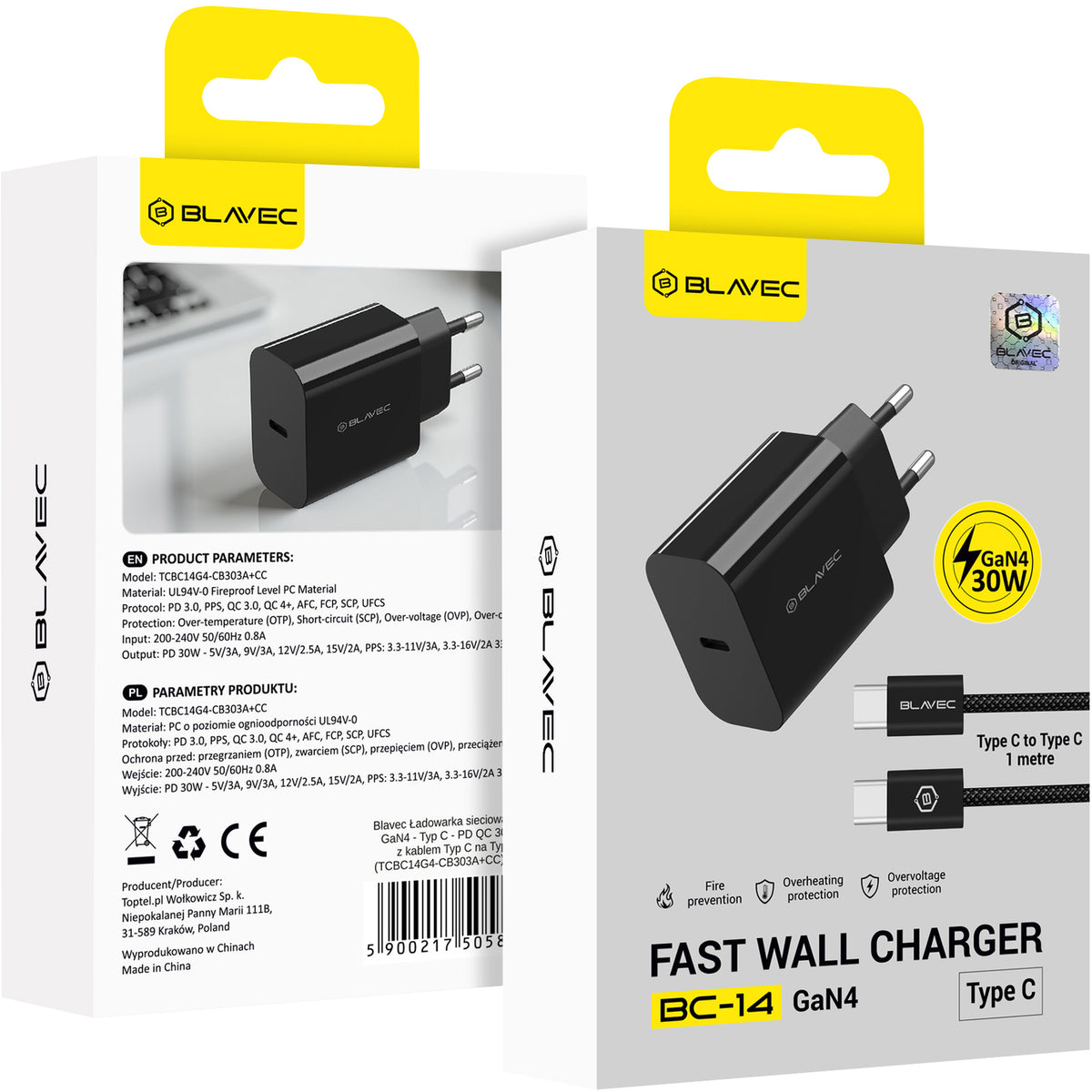 Mrežni punjač s USB-C kabelom Blavec BC-14, 30 W, 3 A, 1 × USB-C, crni