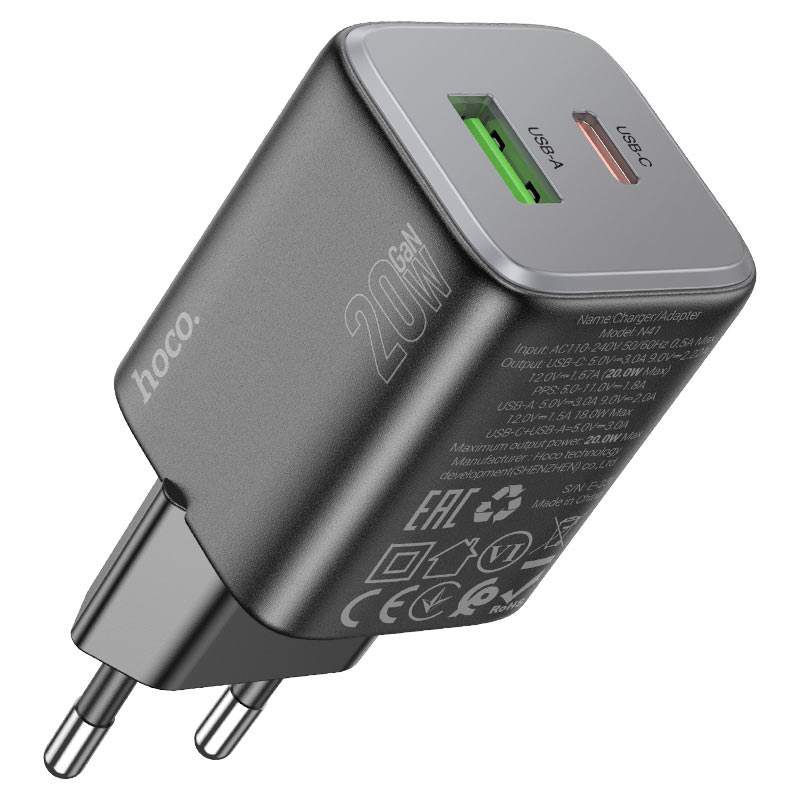 Punjač za mrežu s Lightning kabelom HOCO N41, 20W, 3A, 1 x USB-A - 1 x USB-C, Crni