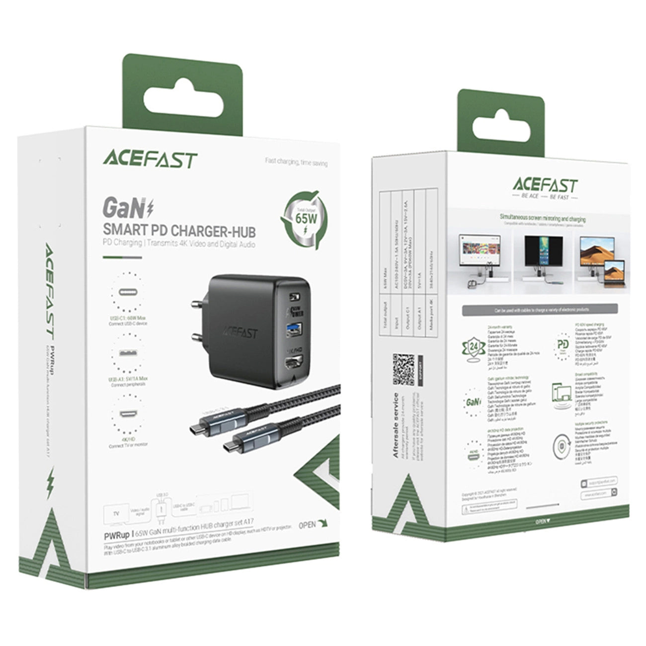 Punjač za mrežu s kabelom Acefast A17 Hub TV, 65W, 3A, 1 x HDMI - 1 x USB-A - 1 x USB-C, crni