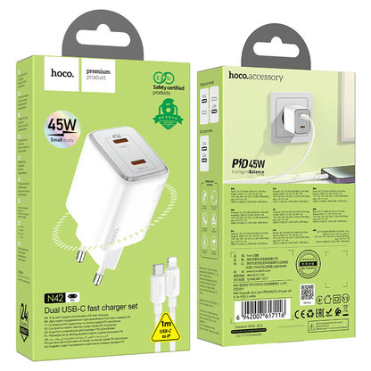 Mrežni punjač s Lightning kabelom HOCO N42, 45W, 3A, 2 x USB-C, Bijeli