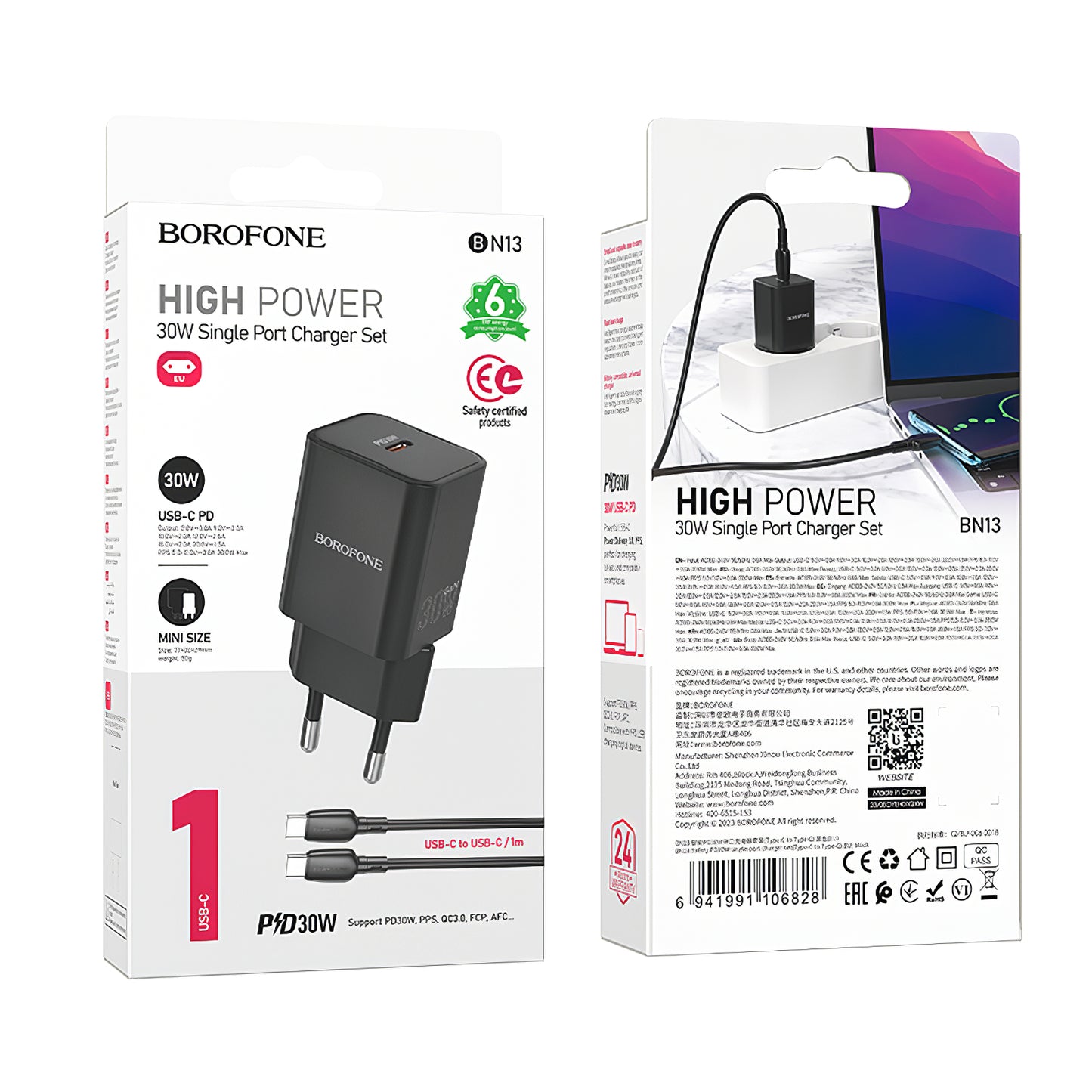 Punjač za mrežu s USB-C kabelom Borofone BN13 Safety, 30W, 3A, 1 x USB-C, crni