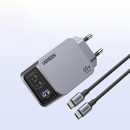 Punjač za mrežu s USB-C kabelom UGREEN X755 Nexode Pro, 65W, 3A, 1 x USB-A - 2 x USB-C, Sivi