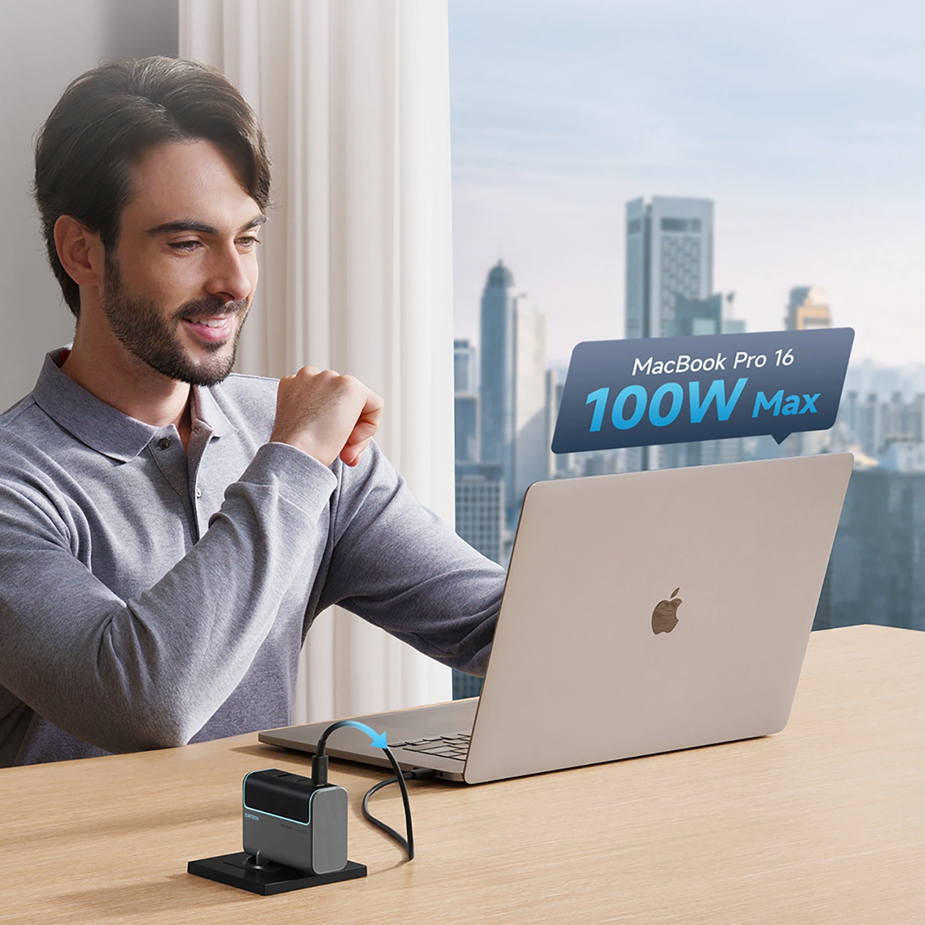 Punjač za mrežu s USB-C kabelom Cuktech, 100W, 5A, 1 x USB-A - 2 x USB-C, Sivi CUKAD1003EUG
