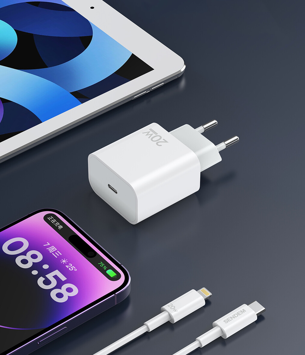 Punjač za mrežu s USB-C kabelom Sendem OG73, 20W, 3A, 1 x USB-C, Bijeli