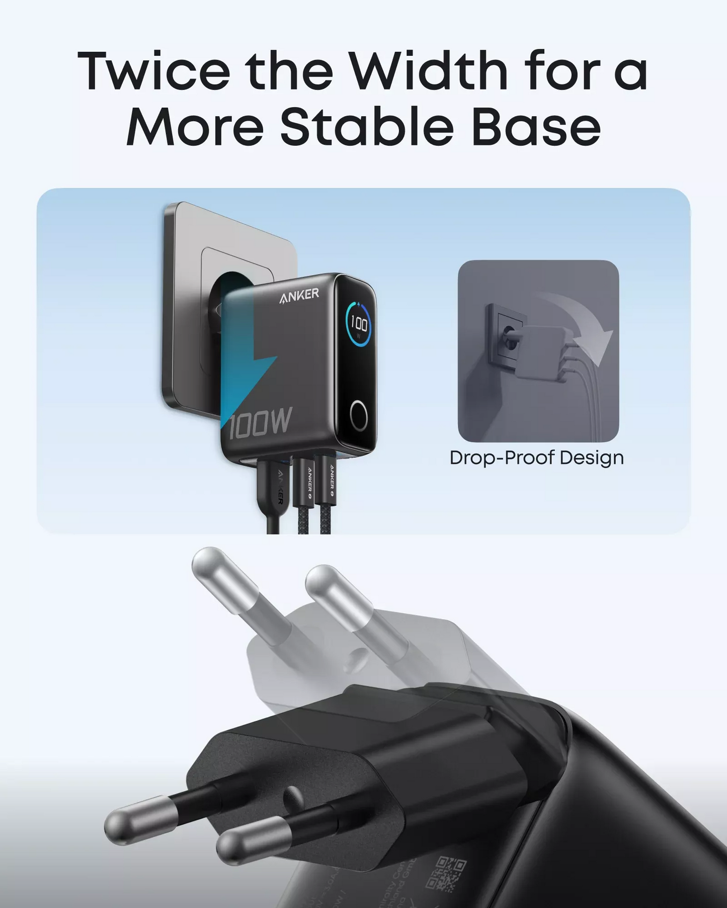 Punjač za mrežu s USB-C kabelom Anker Smart Display, 100W, 5A, 1 x USB-A - 2 x USB-C, Siva, Obnovljeno B121BGZ1
