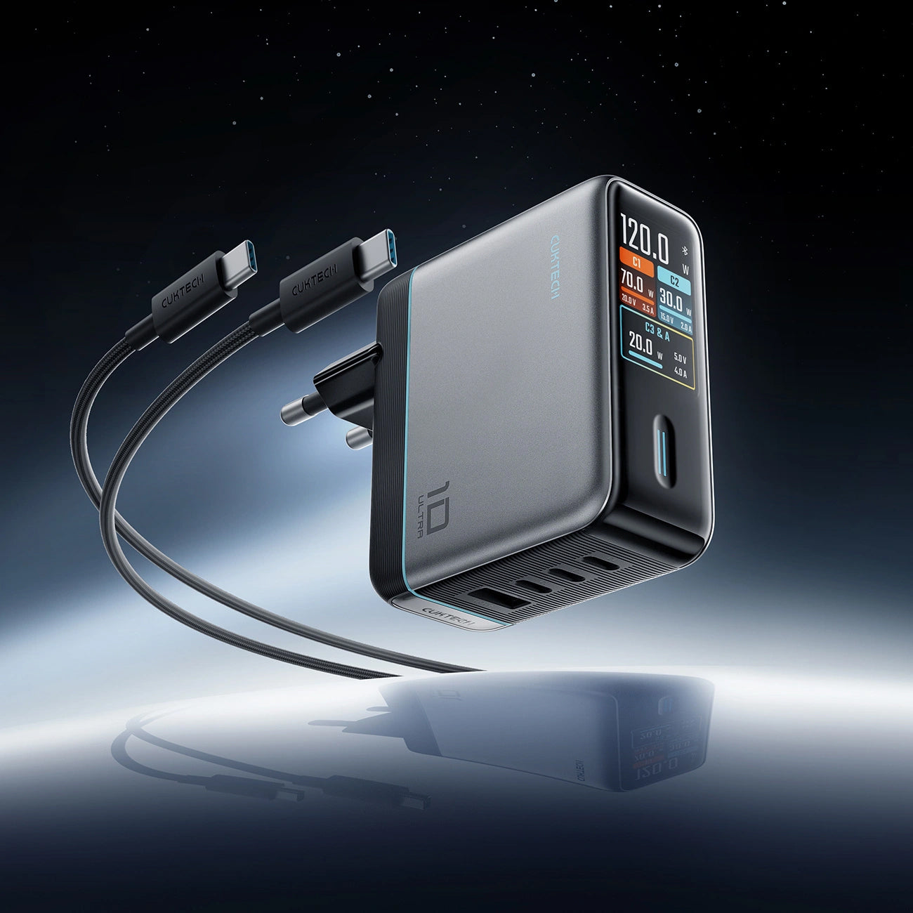 Mrežni punjač s USB-C kabelom Cuktech AD1204U Display, 120W, 6A, 1 x USB-A - 2 x USB-C, Srebrni