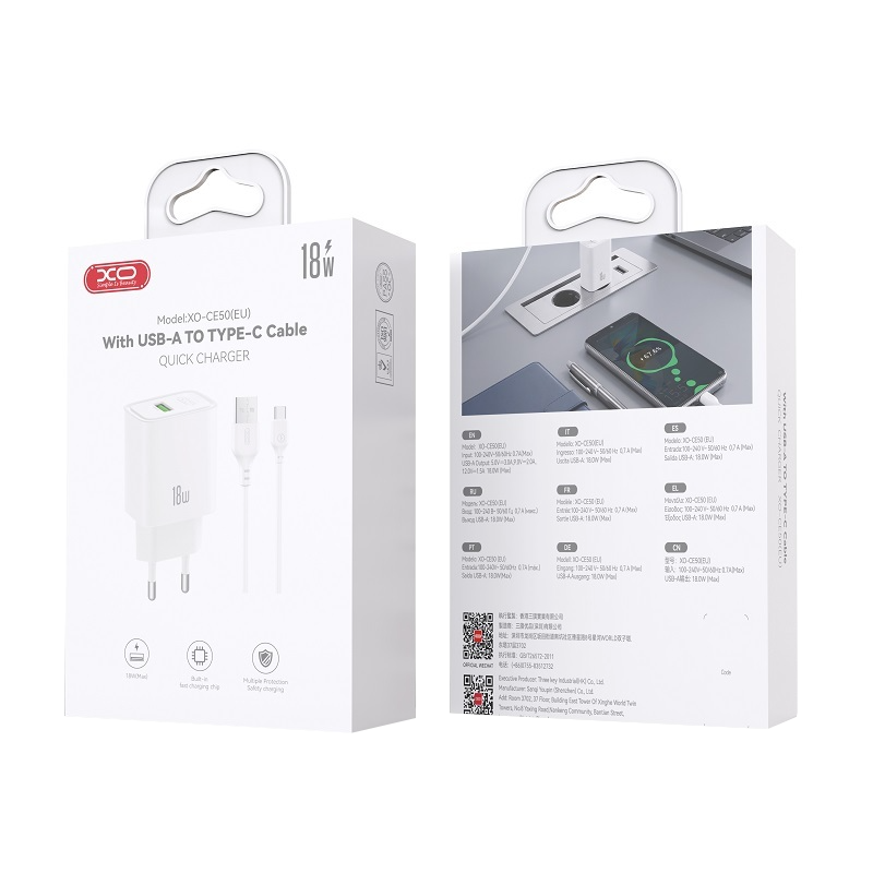 Mrežni punjač s USB-C kabelom XO Design CE50, 18 W, 3 A, 1 x USB-A, bijeli