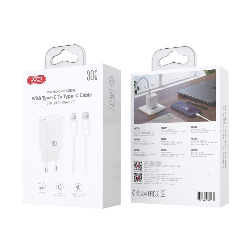 Mrežni punjač s USB-C kabelom XO Design CE53, 30 W, 3 A, 1 x USB-C, bijeli