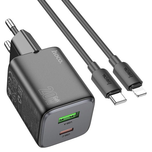 Punjač za mrežu s Lightning kabelom HOCO N41, 20W, 3A, 1 x USB-A - 1 x USB-C, Crni
