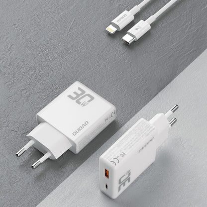 Mrežni punjač s Lightning kabelom Dudao A30EUL, 30W, 3A, 1 x USB-A - 1 x USB-C, Bijeli