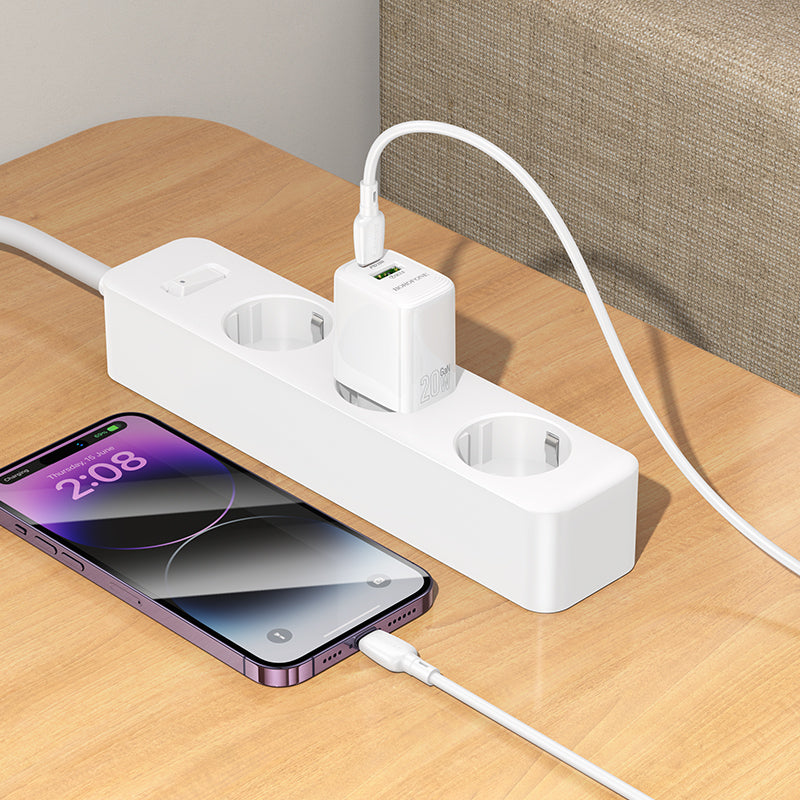 Punjač mreže s Lightning kabelom Borofone BN27 Fuente, 20W, 3A, 1 x USB-A - 1 x USB-C, Bijeli