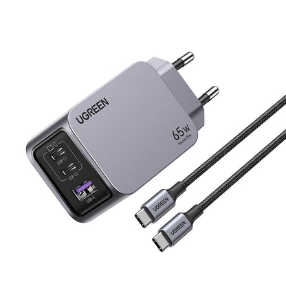 Punjač za mrežu s USB-C kabelom UGREEN X755 Nexode Pro, 65W, 3A, 1 x USB-A - 2 x USB-C, Sivi