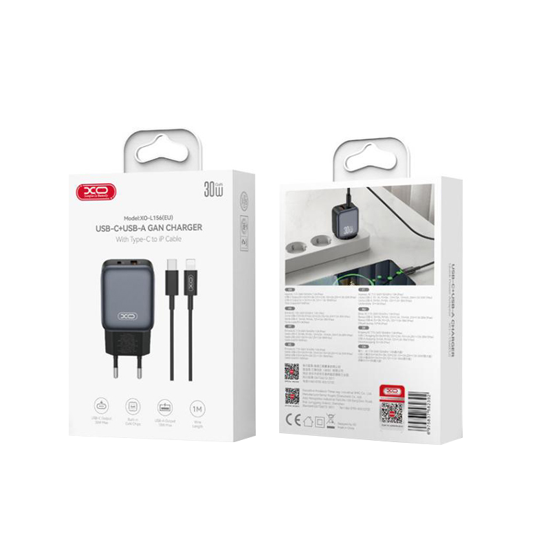 Mrežni punjač s Lightning kabelom XO Design L156, 30W, 3A, 1 x USB-A - 1 x USB-C, Crni