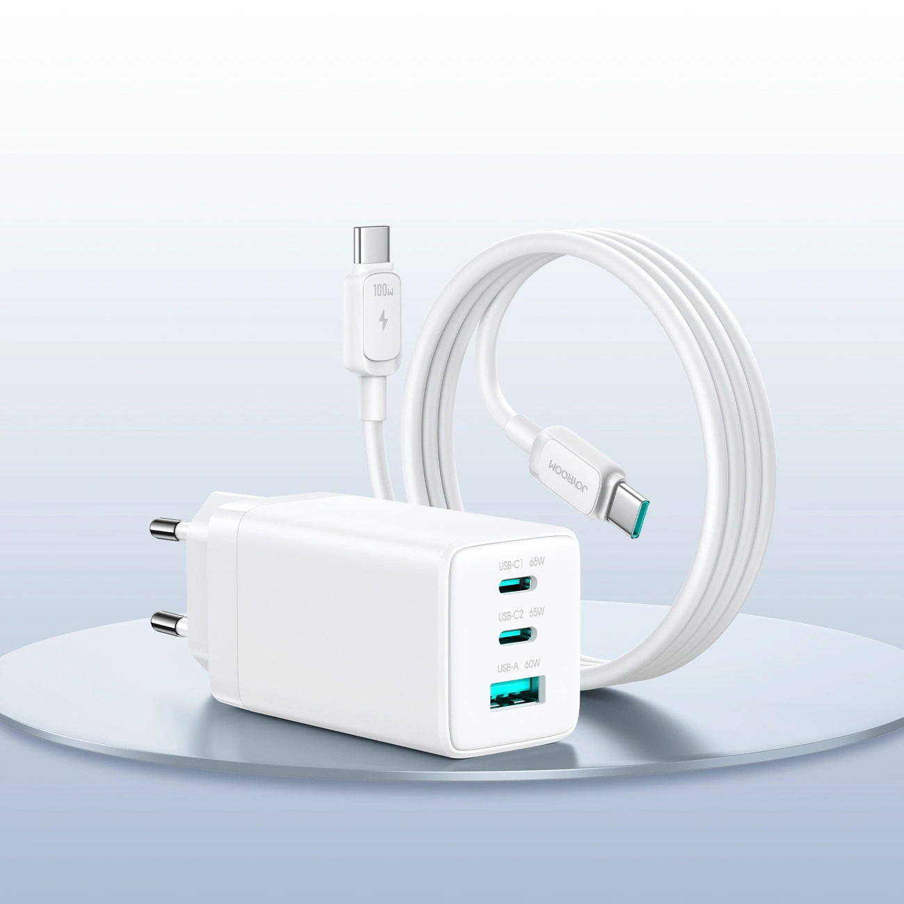 Mrežni punjač s USB-C kabelom Joyroom JR-TG10, 65W, 3.25A, 1 x USB-A - 2 x USB-C, Bijeli