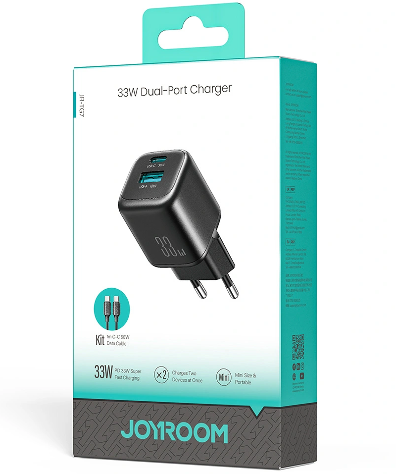 Punjač za mrežu s USB-C kabelom Joyroom JR-TG7, 33W, 3A, 1 x USB-A - 1 x USB-C, Crna
